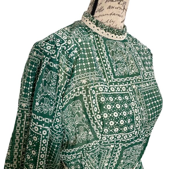 Vintage 70s Susan Small Boho Green Floral Patchwork Print Maxi Prairie Dress - Picture 13 of 15